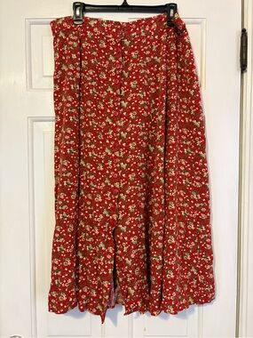 Vintage Express Red Floral Midi Skirt with Button Front